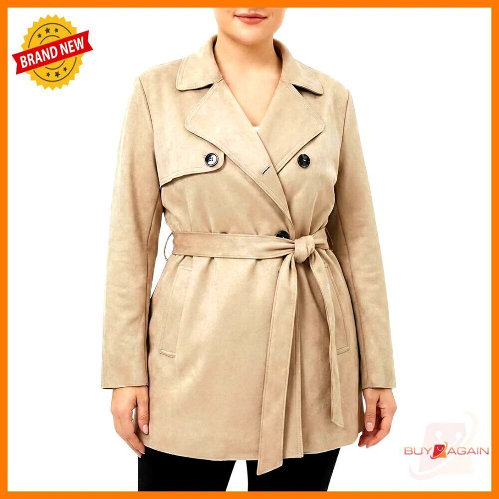 Faux Suede Trench Coat Short Classic Double-Breasted Adjustable Belt Elegant